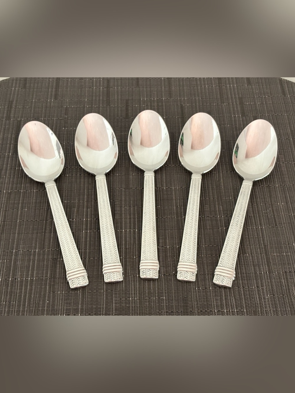 Set of 5 Ralph Lauren 7” Wainwright Herringbone Stainless Steel Soup Spoons